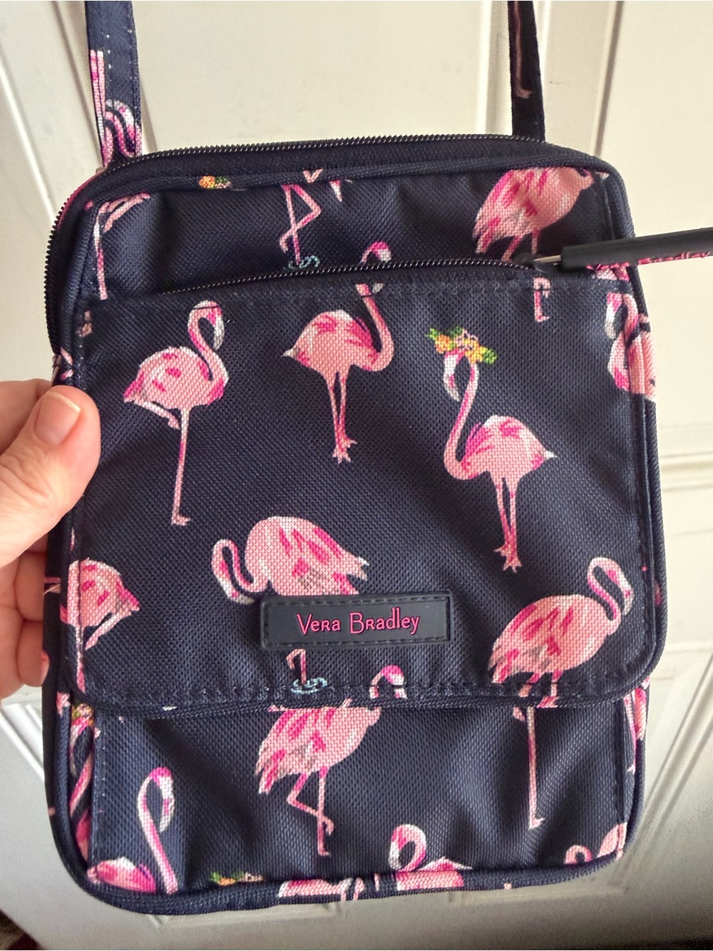 Vera Bradley Navy Crossbody with Pink Flamingo Pattern